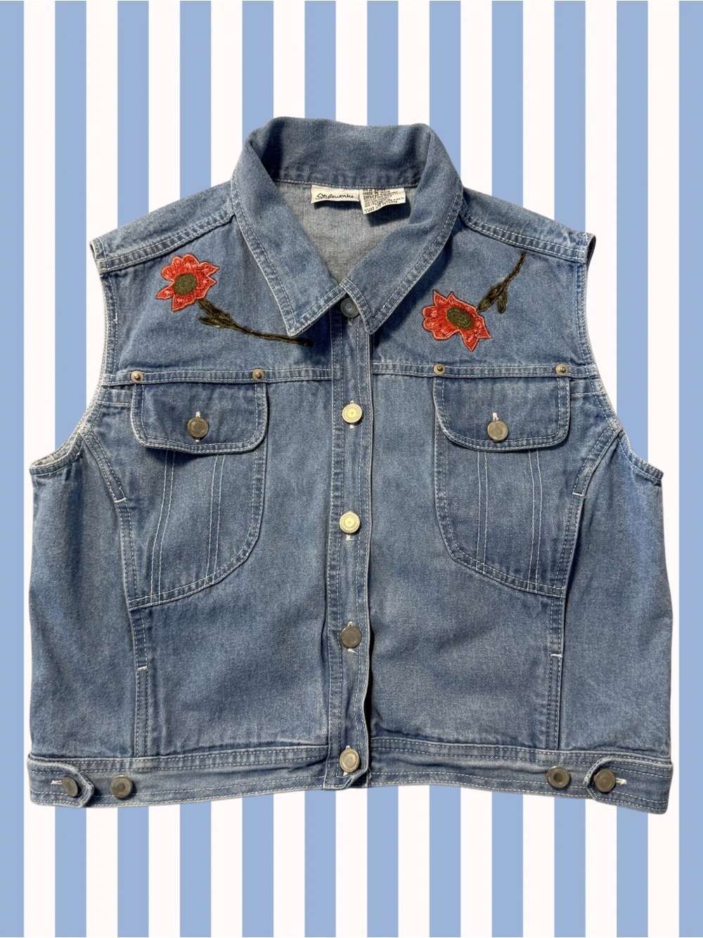 Styleworks - 1990s Vintage Embroidered Denim Vest - Size L